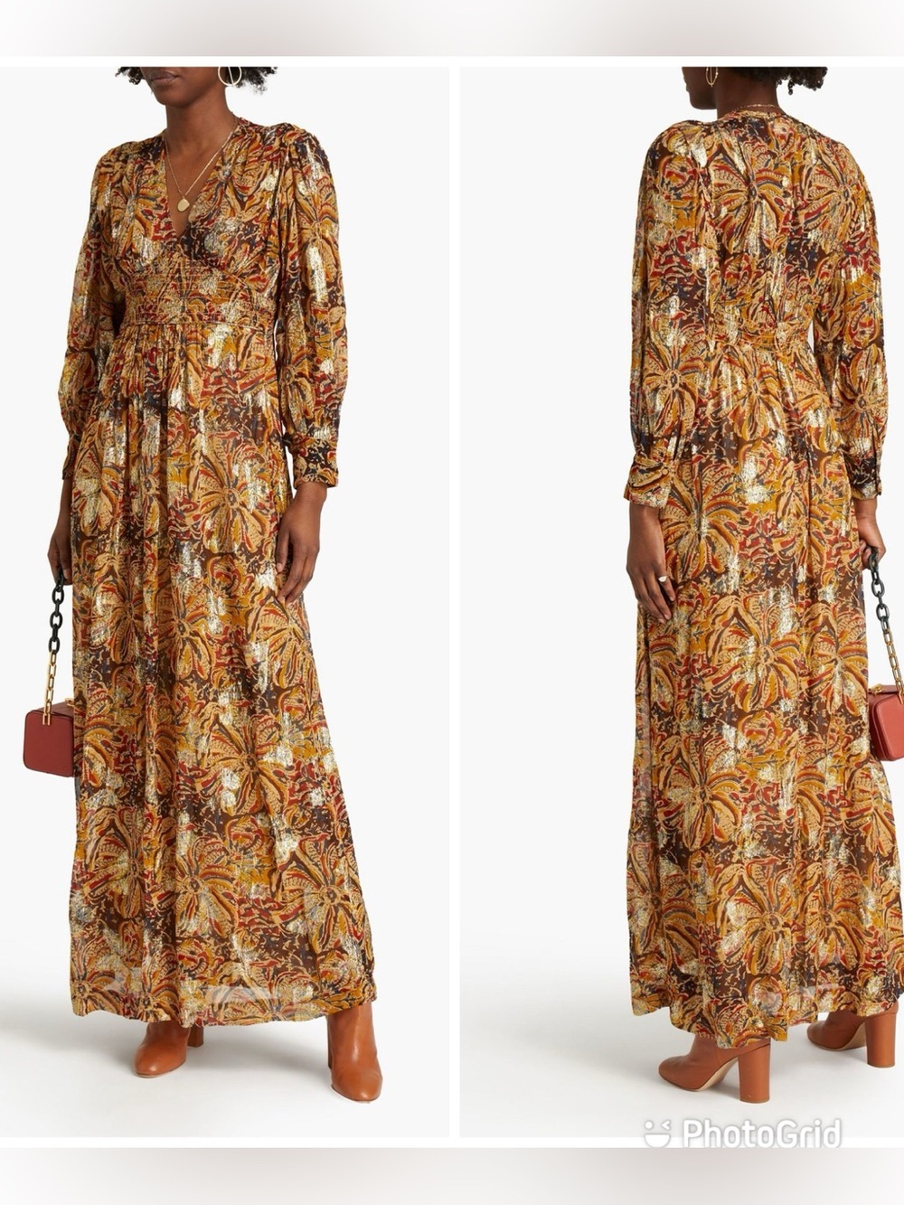 Ba&sh Quartz Dress Metallic Gold Brown Floral Maxi Dress